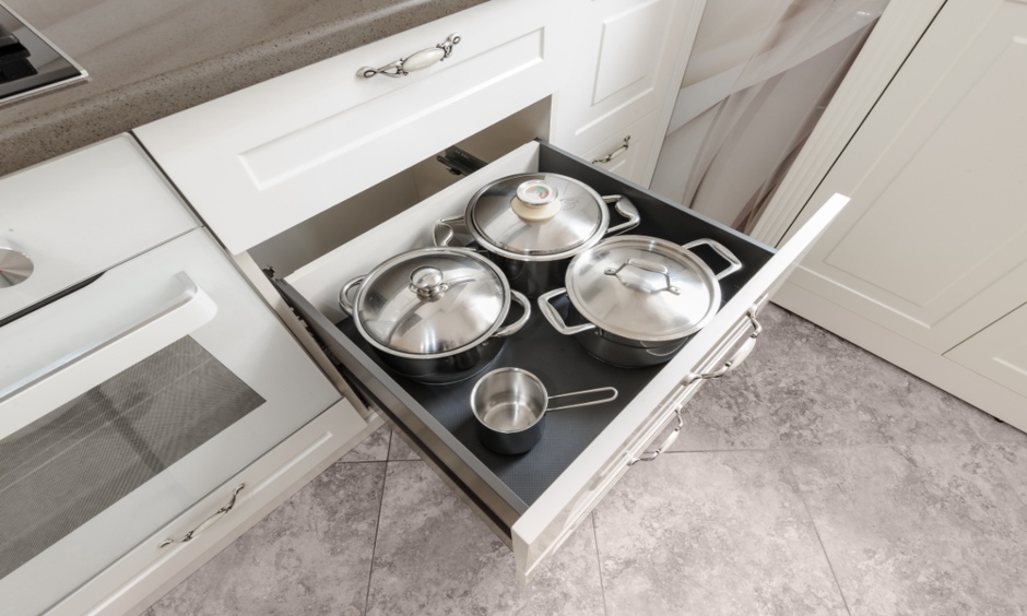 Modular kitchen drawers customised to place pots and pans