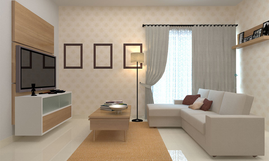 A simplistic living room is a living room that stands out with half wallpaper and half paint wall, large-sized furniture.