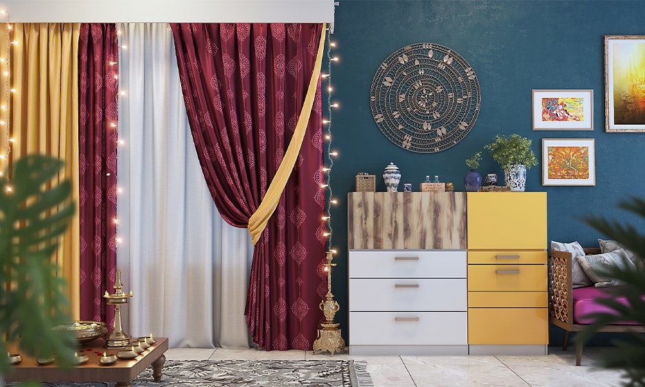 Simple navratri decoration at living room with wine red curtains