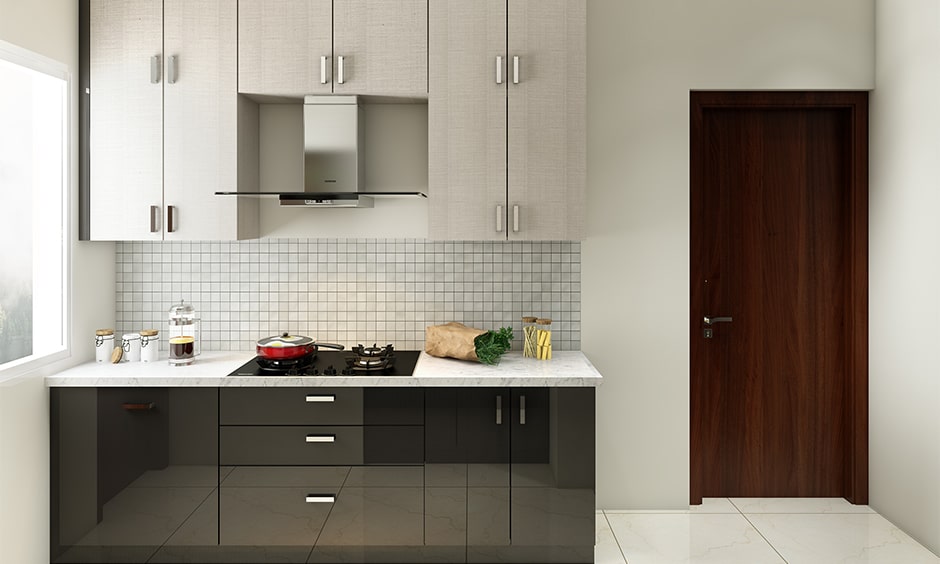 Small kitchen cupboards for a one wall kitchen with a black and white colour theme