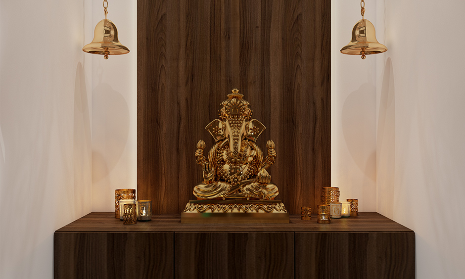 Space-saving plyboard mandir design provides the optimum interplay of form and function perfect for a cosy apartment