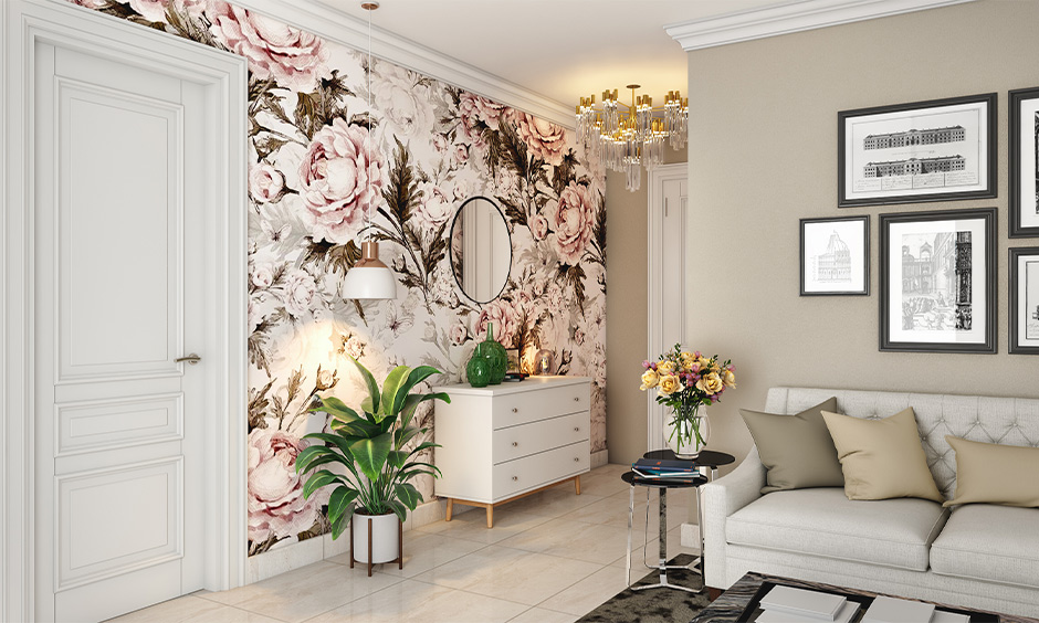 Florals wallpaper and patterned tiles of the same colour works well is the best hallway wallpaper ideas.