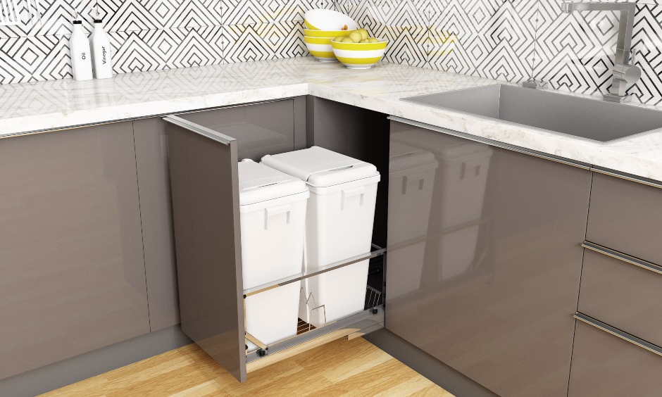 Modern kitchen drawer in pull-out style under the sink to avoid space and mosquitoes