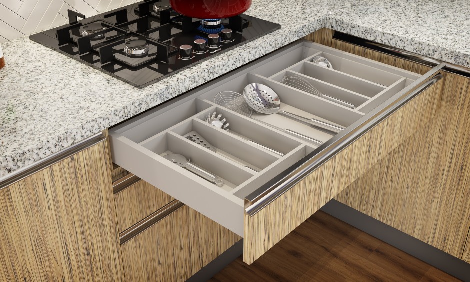 Kitchen drawer design that all those countless utensils systematically placed in the drawer.