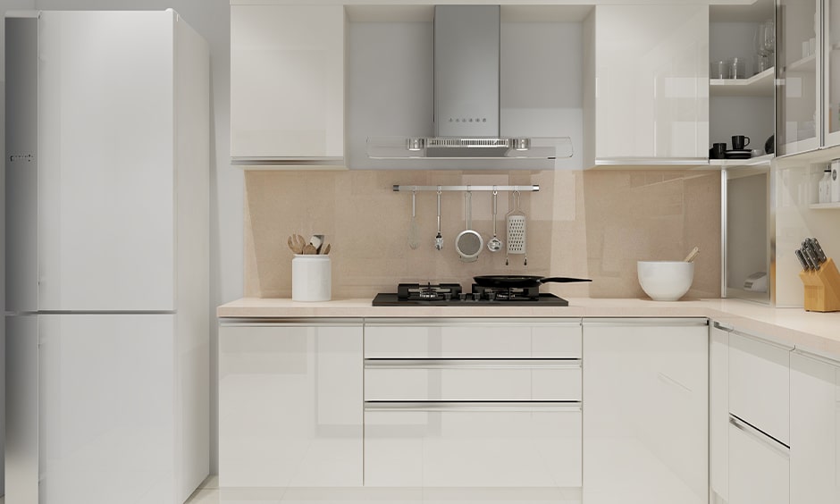 Small kitchen cupboard designs with white lacquered glass cupboards