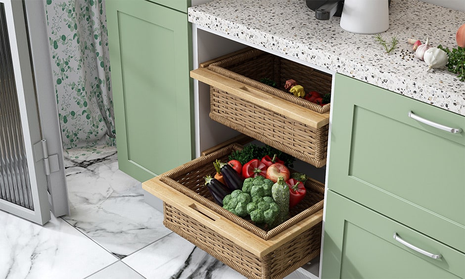 From sleek modern kitchens to industrial kitchen designs, wicker baskets are all the rage these days. They are not only functional but aesthetically pleasing with their intricate weaves. They are usually used to store groceries like vegetables, fruits that do not require refrigeration. Wicker baskets are easy to maintain, clean and repair, making them a great storage option.