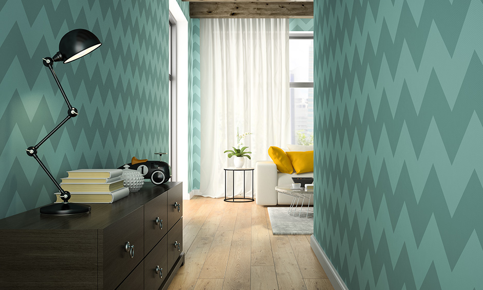 A zigzag pattern that closely resembles soundwaves is the best wallpaper for narrow hallway.