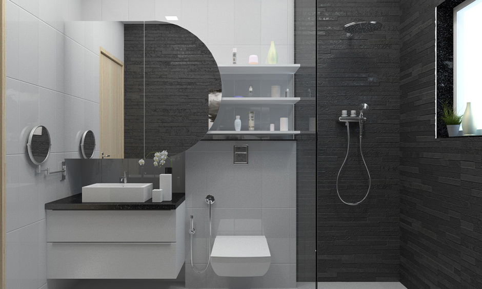 Contemporary bathroom tiles designs in black and white, partitioned with glass makes it outstanding.