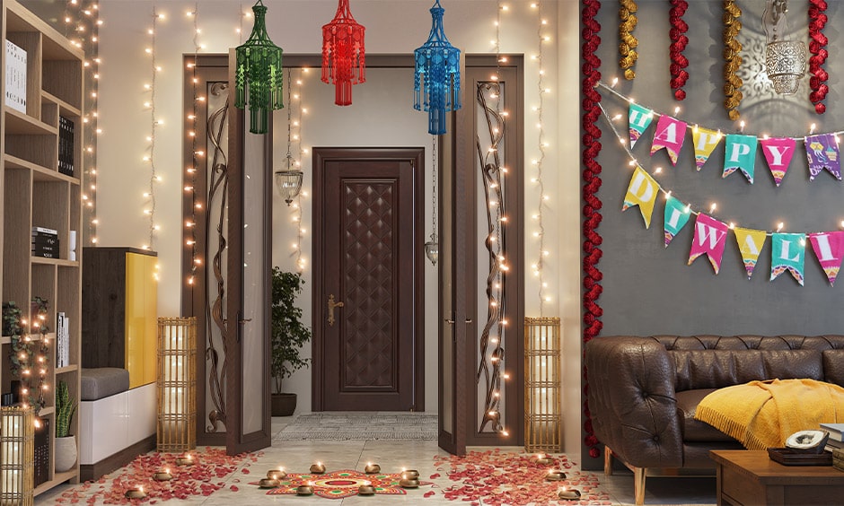 Diwali living room decoration ideas with different types of lighting like fairy lights, lanterns and diyas