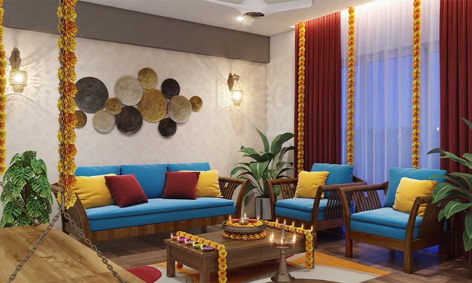 Diwali decoration ideas for living room with a creative textures and colors