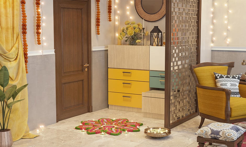 Diwali room decoration with a beautiful rangoli design this diwali