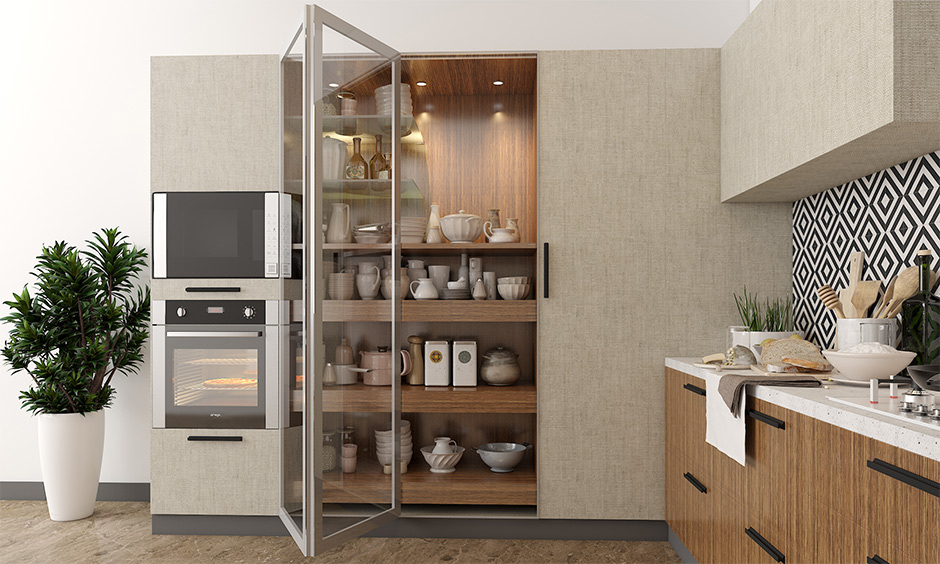 How to organize a small kitchen with a tall glass pantry