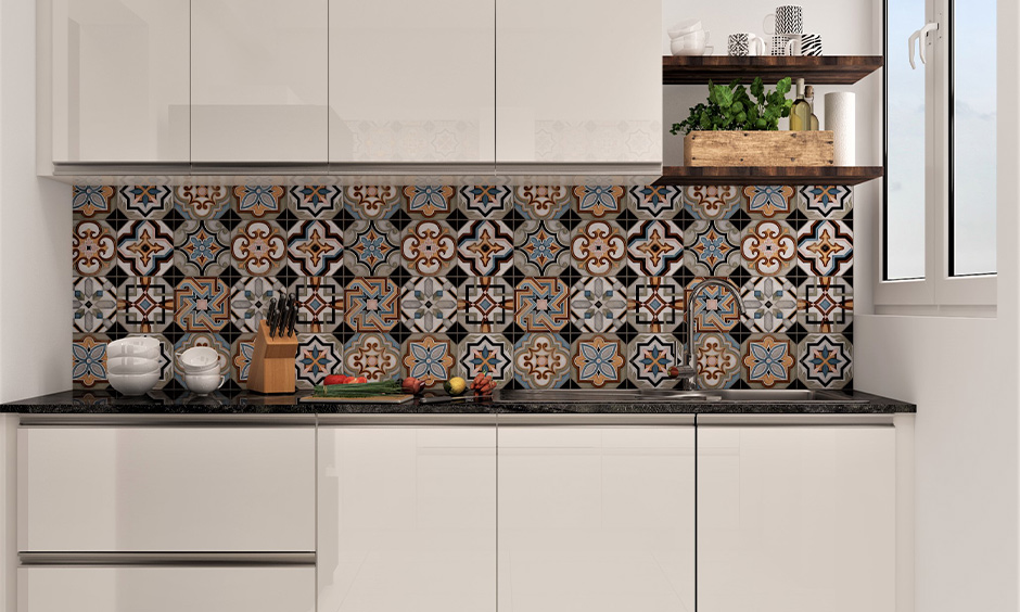 Kitchen corner shelf next to the wall cabinets made from leftover planks of sturdy wood looks rustic in this white kitchen.