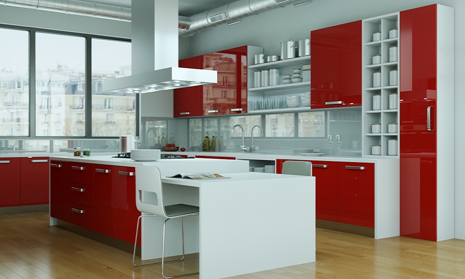 White kitchen with red colour cabinets