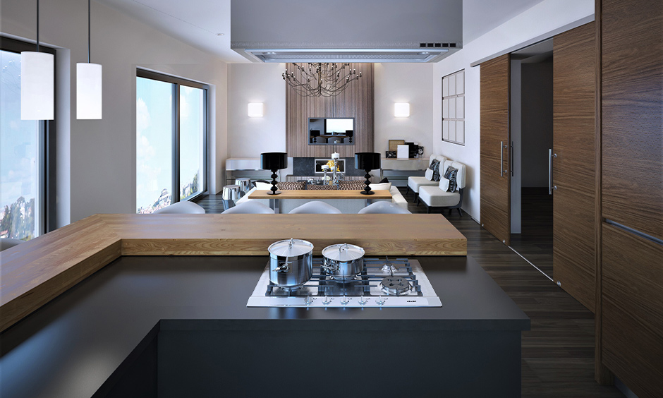 Grey laminate kitchen countertops in l-shaped adds some character to the open kitchen space.