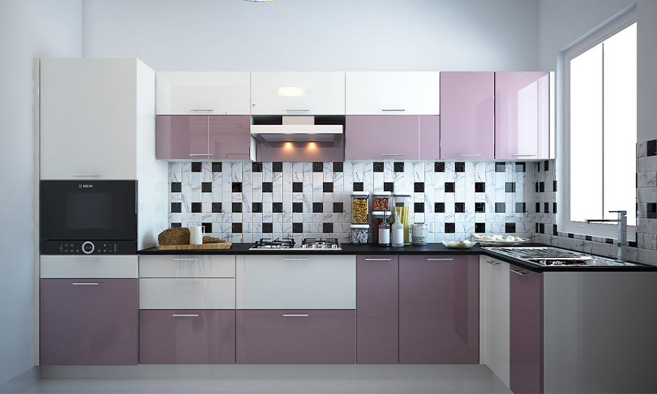 Combination of white and lavender purple kitchen cabinets in high glossy design will add warmth to space.