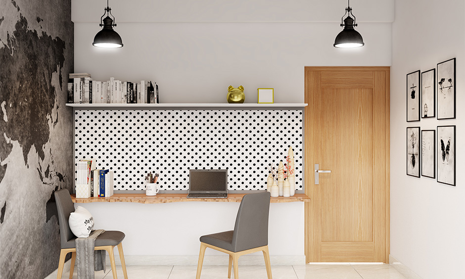 Wall hanging study table with bookshelf, modern wooden chairs to work without any distractions and looks minimalistic.