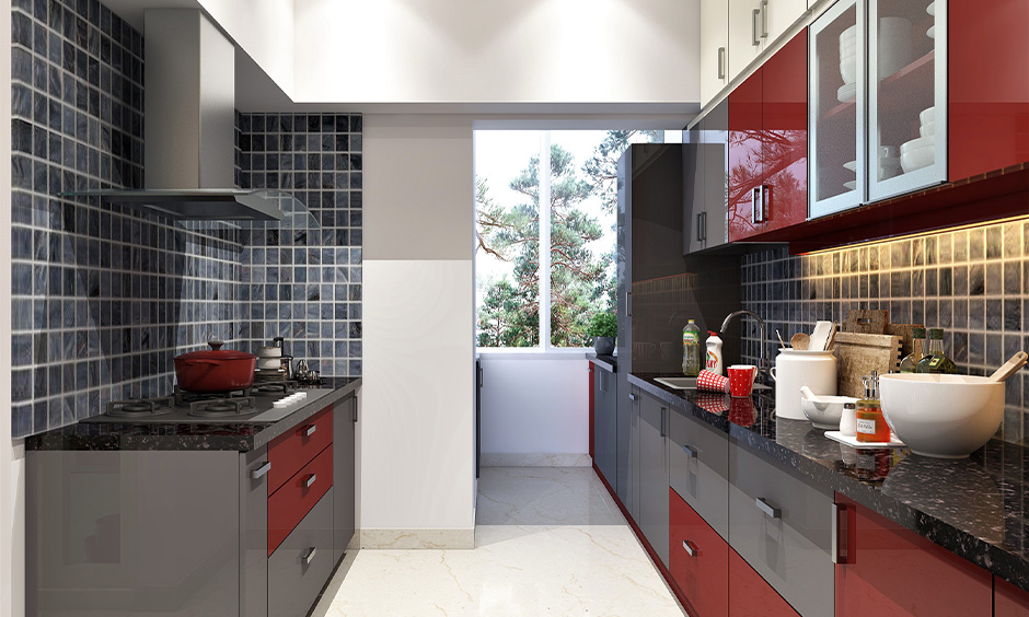 Grey-red Pvc board for kitchen cabinets looks stunning.