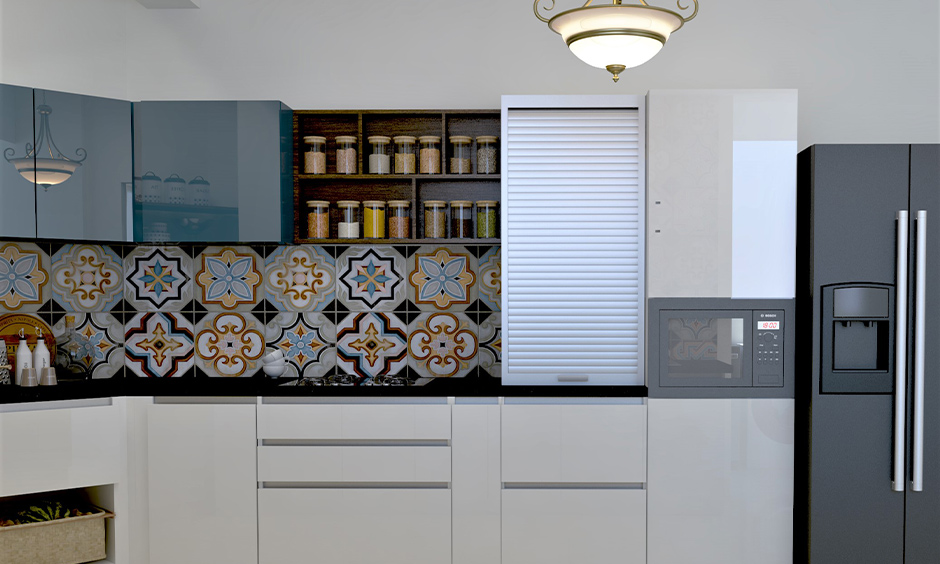 Blue wall cabinets Pvc kitchen design with lower white cabinets are sleek and reflective.