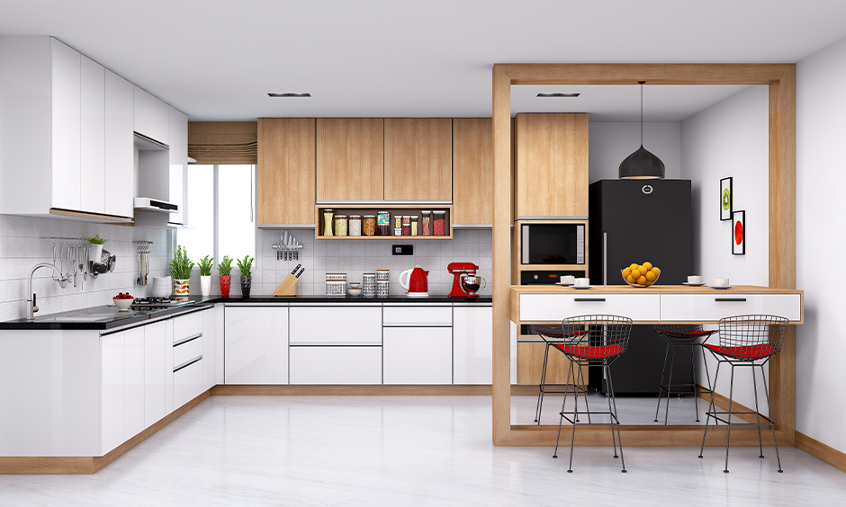 Kitchen design red and white- red accents