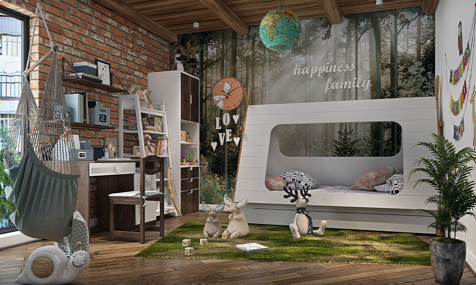 A rustic kid's bedroom decor with a jungle theme inspires a love for nature