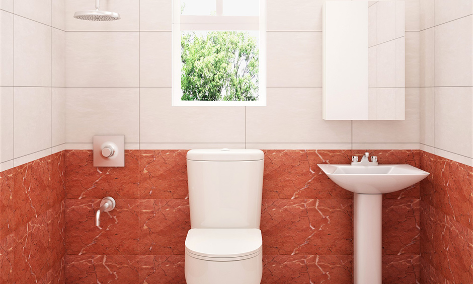 Small bathroom in rusty-brown and white wall tiles with mirrored cabinet storage look elegant little kids bathroom idea