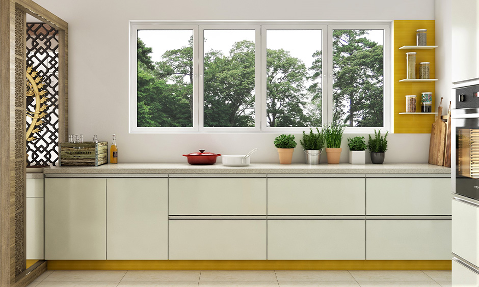 Three-tier small corner shelf for kitchen makes optimal use of unused corner space with a pop of colour as a backdrop.