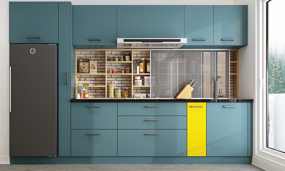 Small kitchen organization storage shelves with sliding doors