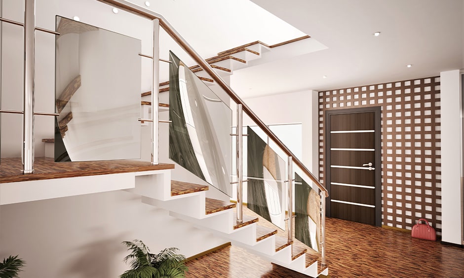 Stainless steel railing staircase design with mirror panels