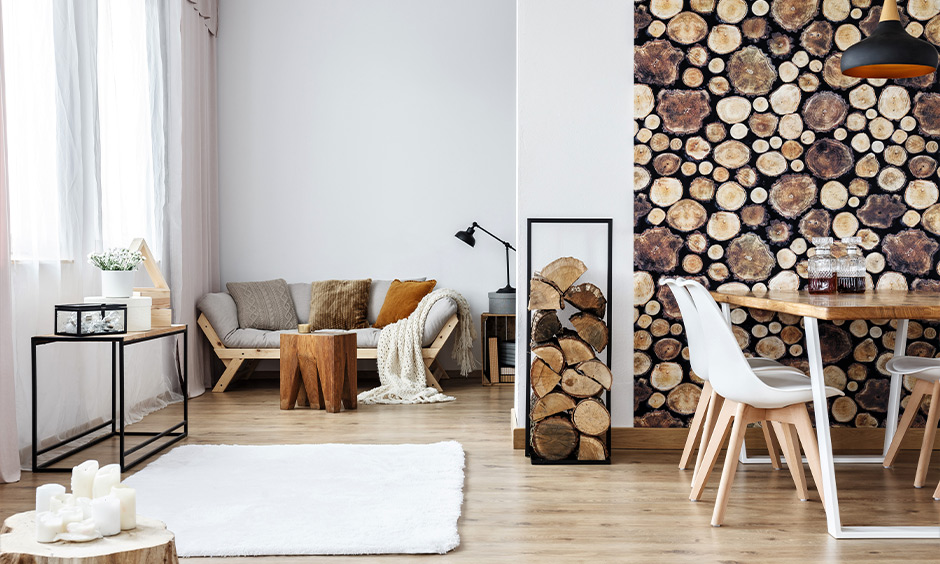 Traditional living room scandinavian interior design with tree stump accessories and the wood-texture wallpaper