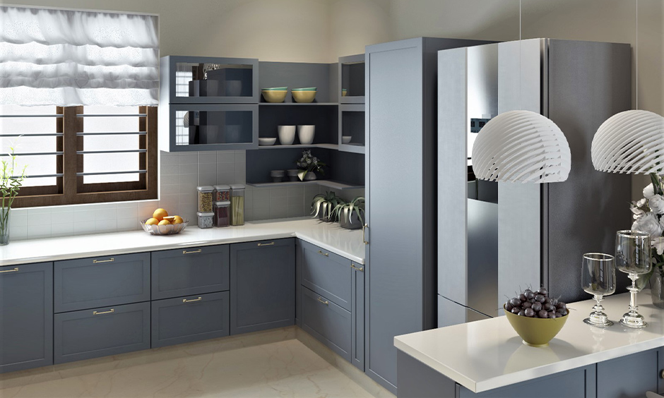 Kitchen with white countertops laminate and light grey cabinets adds a relaxing and spacious feel to the room.