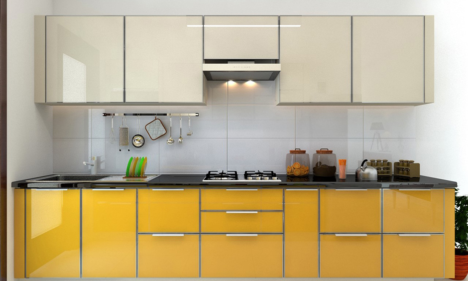 Lower yellow PVC kitchen cabinets in one wall kitchen are long-lasting and resistant to termites look adored.