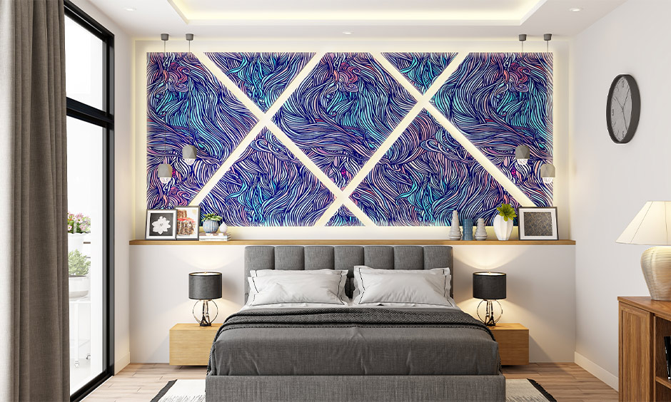 One entire wall, an abstract modern pop design for bedroom with the marble-like effect is a striking addition to space.