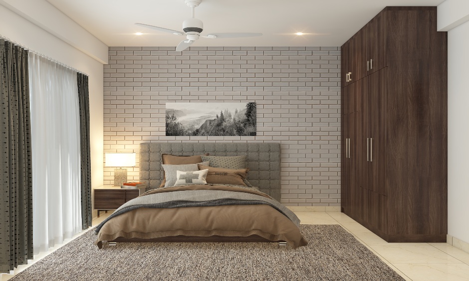 Bedroom with a marble stone wall cladding in soft grey colour