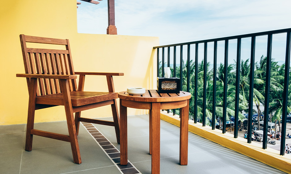 Simple balcony design with tiles in natural limestone is a timeless look that can never go out of style.