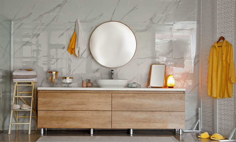 White bathroom granite countertop with vessel sink