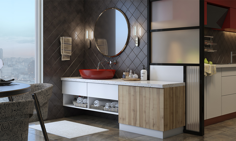 Bold red washbasin cabinet design for dining room against the grey pattern wall looks stunning.