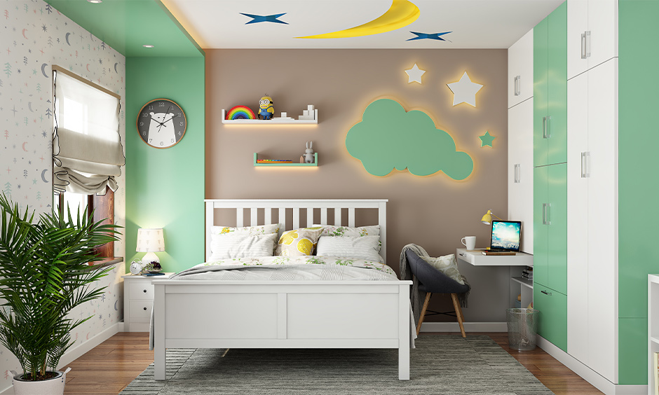 Kids room with a pop ceiling design in stars and the moon shape is the pop ceiling design for bedroom looks fun.