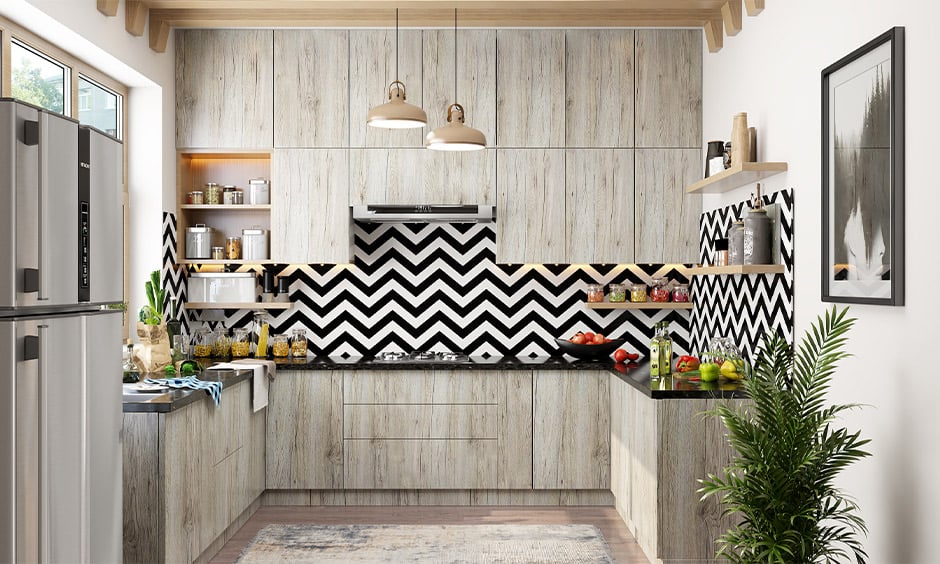 Black-and-white themed kitchen laminate backsplash