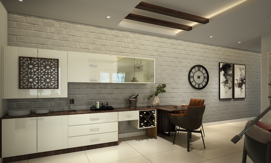 Grey wall stone cladding design in an open dining area with a beautifully soft texture.