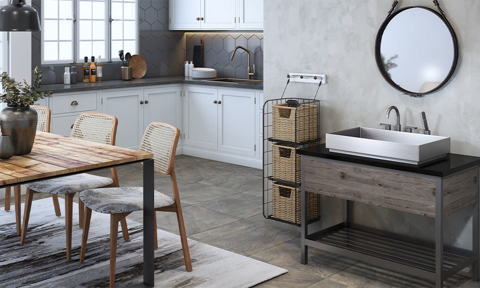 Kitchen cum dining room wash basin made from stainless steel with a single wooden drawer below looks beautiful.