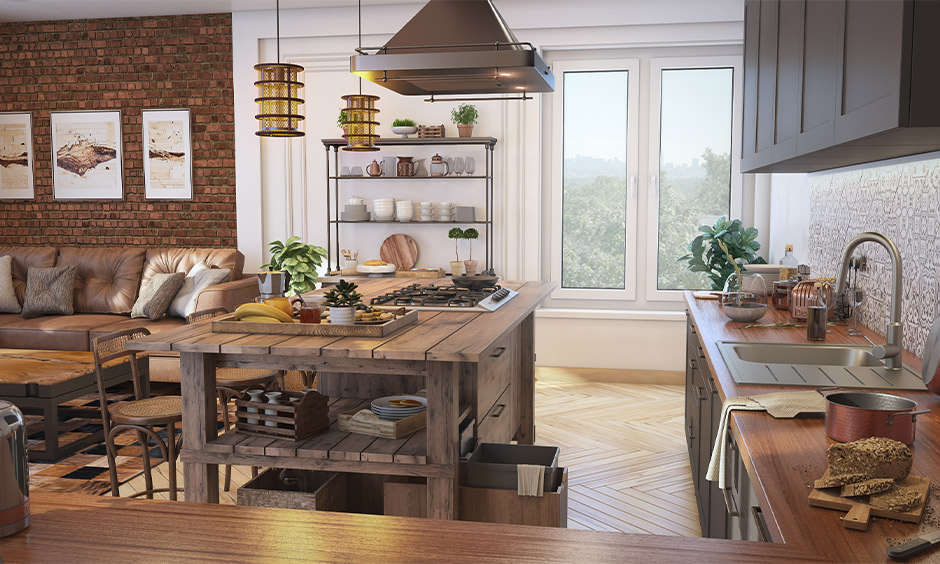 DIY farmhouse kitchen island style made from light timber with shelf underneath and drawers for easy storage of spoons.