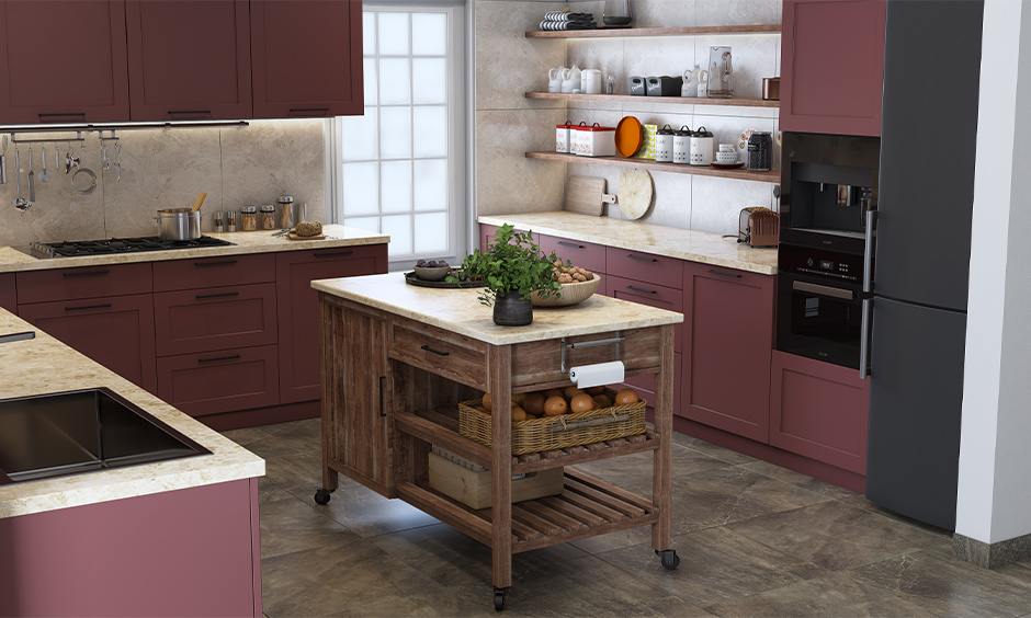 DIY kitchen island on wheels with shelves for hassle-free storage made of wood and marble which is moveable.