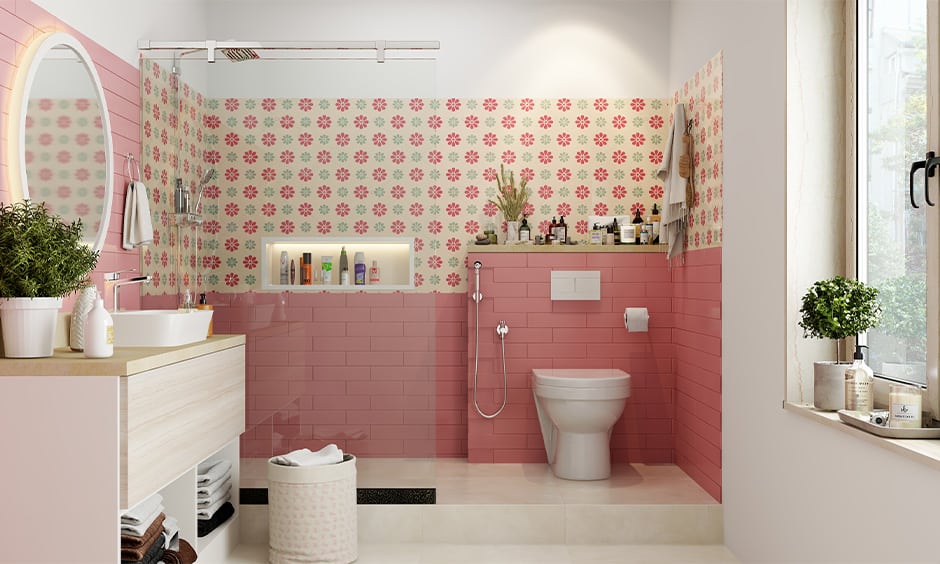 Girls bathroom decor with floral pattern tiles