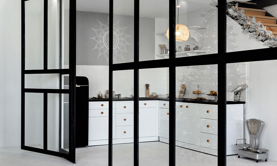 Hinged kitchen door glass design makes light kitchen interiors