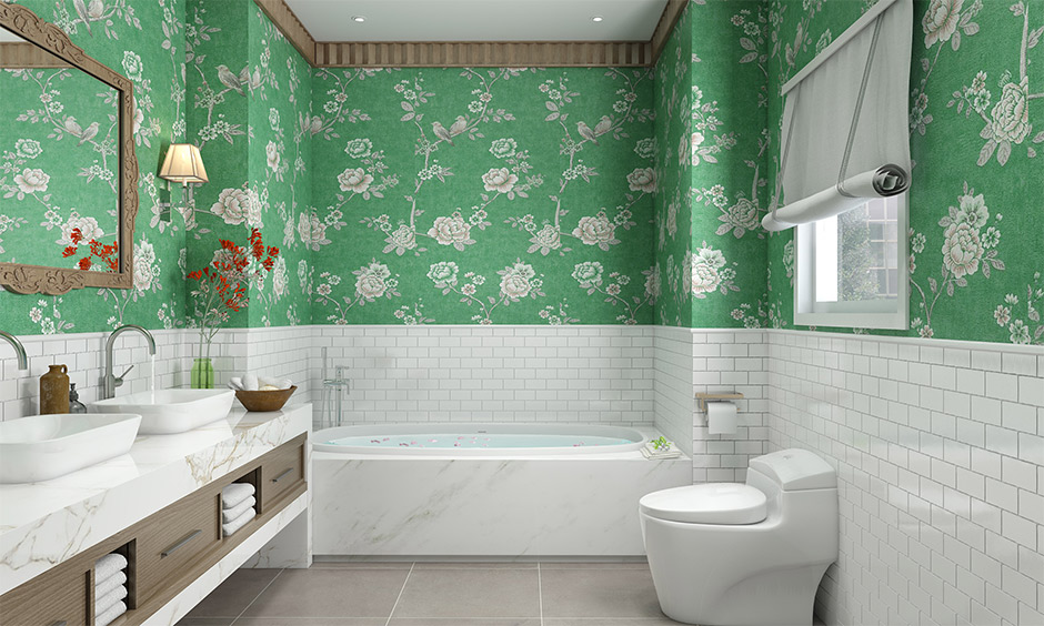 Decorate bathroom walls with floral vintage wallpaper to transform the dull walls