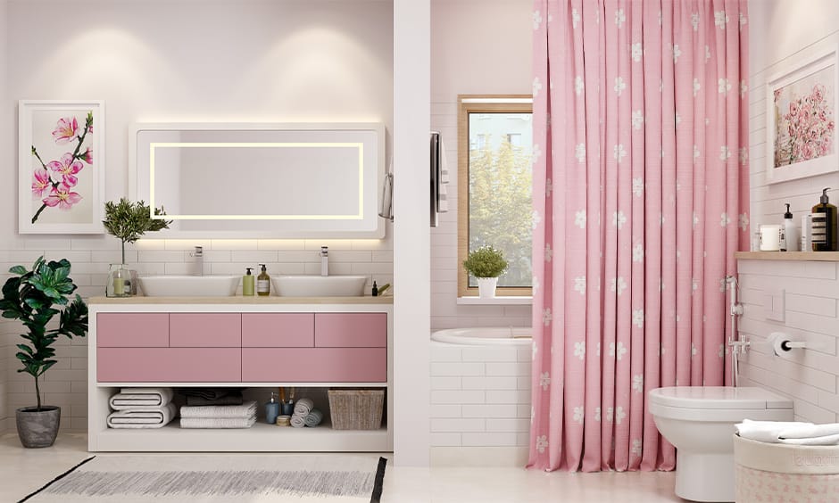 Ladies bathroom decor with ample sink storage space