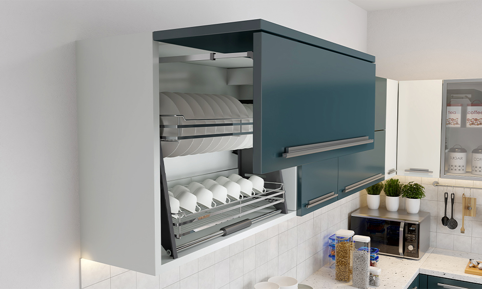 Pegasus stainless steel corner shelf for kitchen with a lift-to-open mechanism and to keep ceramics to avoid breakage.