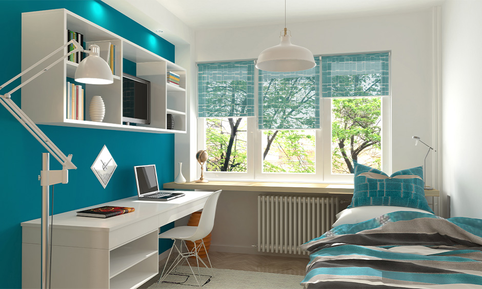 Light colour two colour combination for bedroom walls with aqua and white