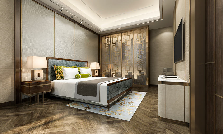 Master bedroom wardrobe design with metallic design